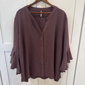Womens 3rd + Malt Eggplant Purple Flowy 3/4 Sleeve Button Down Blouse Size 2X
